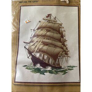 Sail Ship On Ocean Sunset Stitchery Before The Wind 16" X 20" Frame Nautical